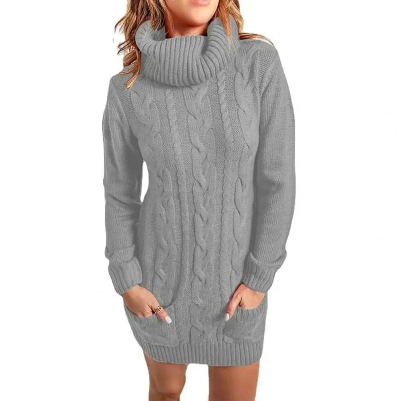 Damen Wollkleid Rollkragen Herbstkleid Winterkleid Strickkleid Longpullover