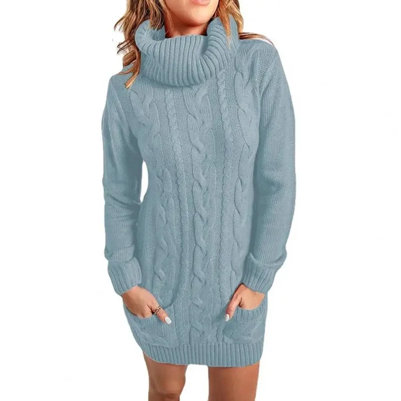 Damen Wollkleid Rollkragen Herbstkleid Winterkleid Strickkleid Longpullover