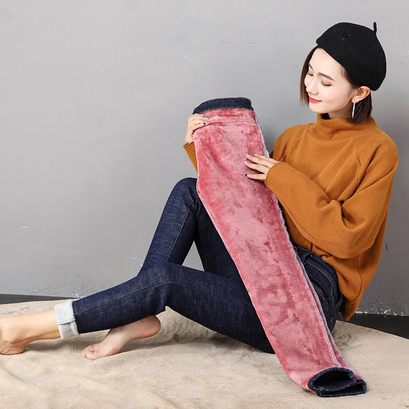 Frauen Winter Warm Thermo Jeans Hose Innenfleece Stretch Hosen Leggins Denim