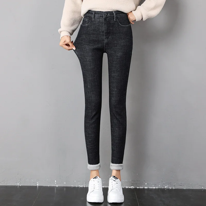 Frauen Winter Warm Thermo Jeans Hose Innenfleece Stretch Hosen Leggins Denim