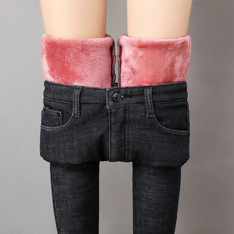 Frauen Winter Warm Thermo Jeans Hose Innenfleece Stretch Hosen Leggins Denim