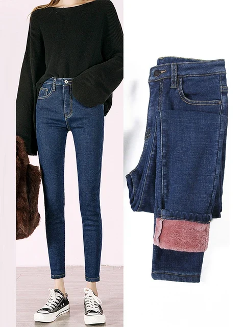 Frauen Winter Warm Thermo Jeans Hose Innenfleece Stretch Hosen Leggins Denim