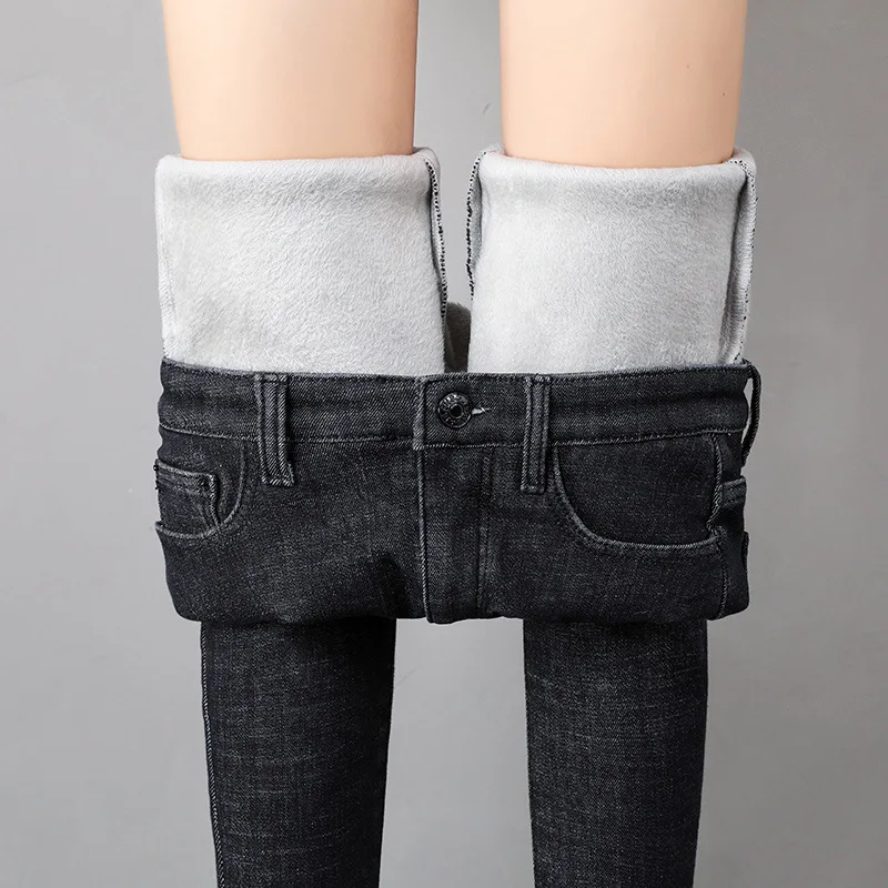 Frauen Winter Warm Thermo Jeans Hose Innenfleece Stretch Hosen Leggins Denim