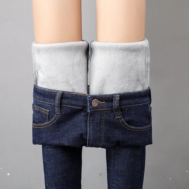 Frauen Winter Warm Thermo Jeans Hose Innenfleece Stretch Hosen Leggins Denim