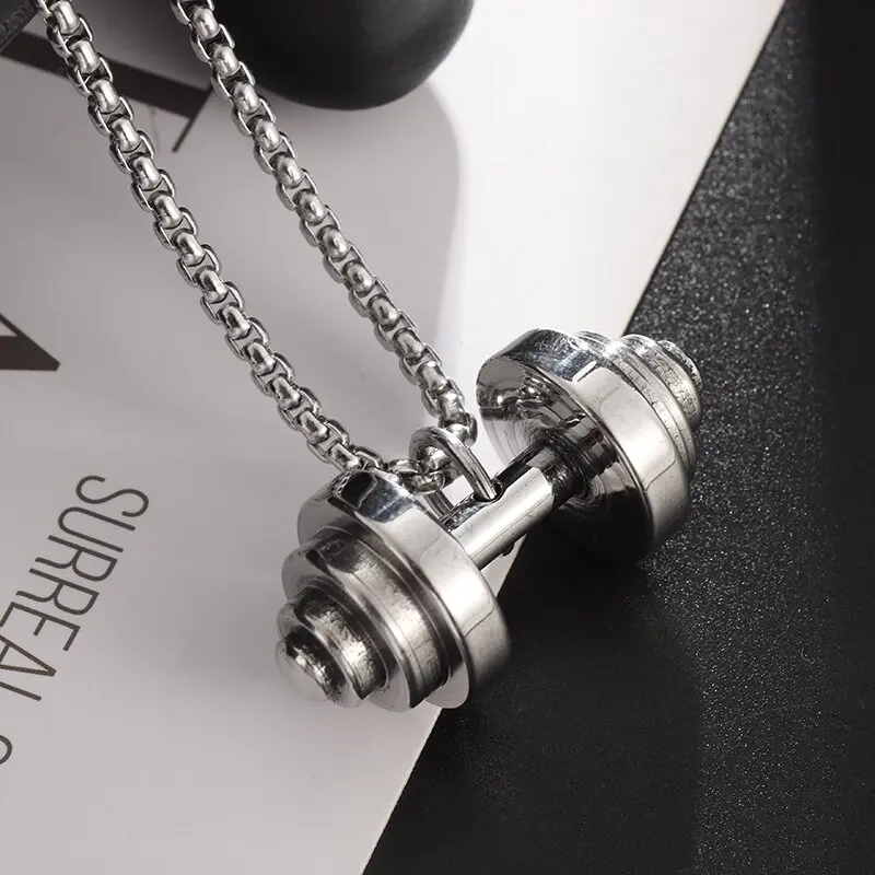 Halskette Anhänger Edelstahl Hantel Fitness Gym Bodybuilding Schmuck Geschenk