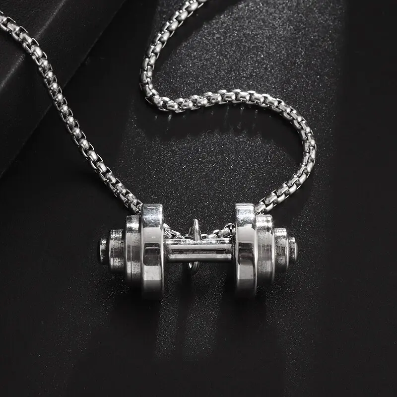 Halskette Anhänger Edelstahl Hantel Fitness Gym Bodybuilding Schmuck Geschenk