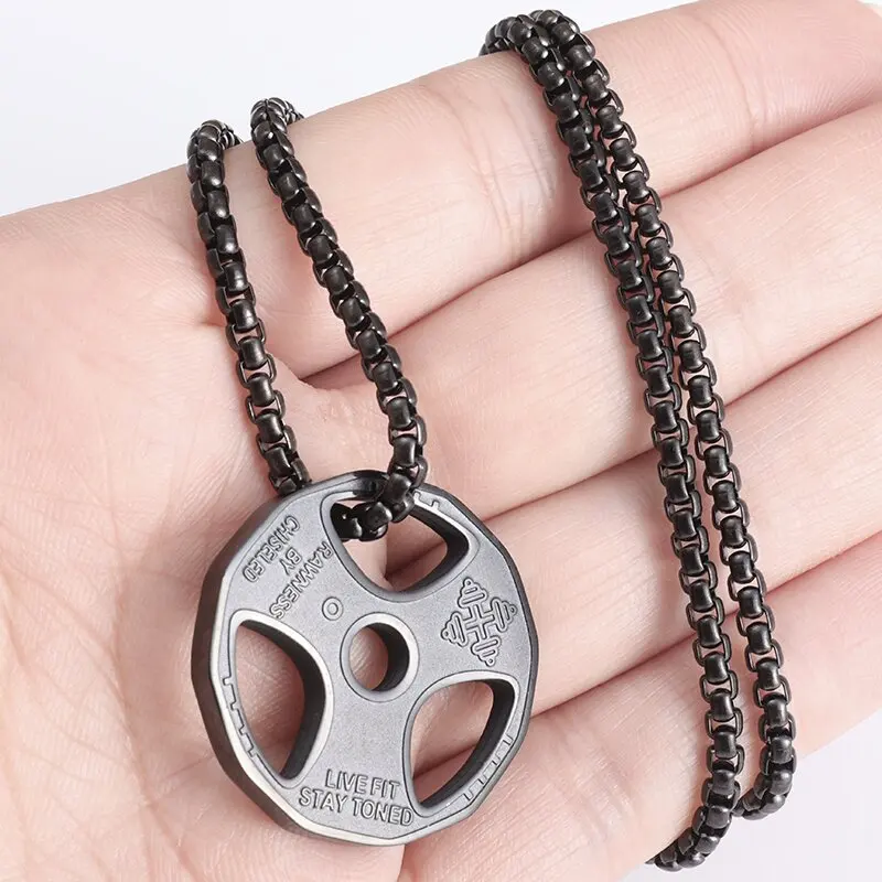 Halskette Anhänger Edelstahl Hantel Fitness Gym Bodybuilding Schmuck Geschenk