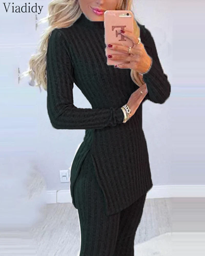 2-teiliges Damen Outfit Winter Warm geripptes Strick Oberteil Pulli Hose Leggins
