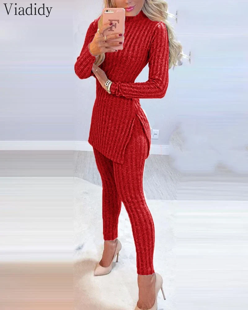 2-teiliges Damen Outfit Winter Warm geripptes Strick Oberteil Pulli Hose Leggins