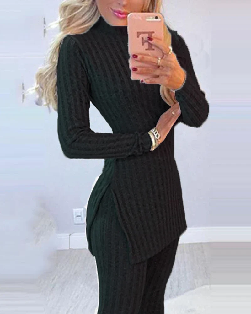 2-teiliges Damen Outfit Winter Warm geripptes Strick Oberteil Pulli Hose Leggins