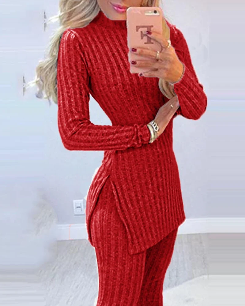 2-teiliges Damen Outfit Winter Warm geripptes Strick Oberteil Pulli Hose Leggins