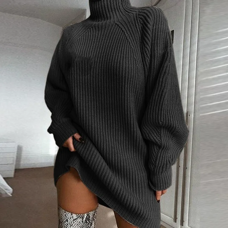 Damen Wollkleid Rollkragen Stiefelkleid Herbstkleid Winterkleid Strickkleid Lang