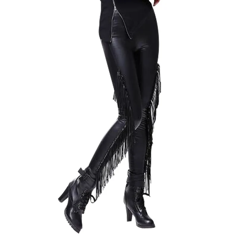 Sexy Damen Leggings Push Up Leggins Gothic Punk Hose PU Lederhose mit Fransen