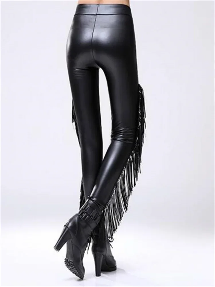 Sexy Damen Leggings Push Up Leggins Gothic Punk Hose PU Lederhose mit Fransen