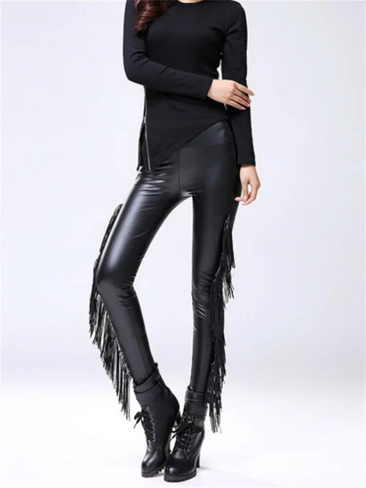 Sexy Damen Leggings Push Up Leggins Gothic Punk Hose PU Lederhose mit Fransen