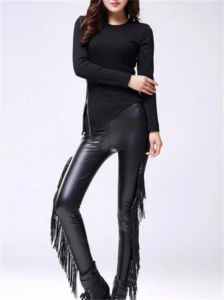 Sexy Damen Leggings Push Up Leggins Gothic Punk Hose PU Lederhose mit Fransen
