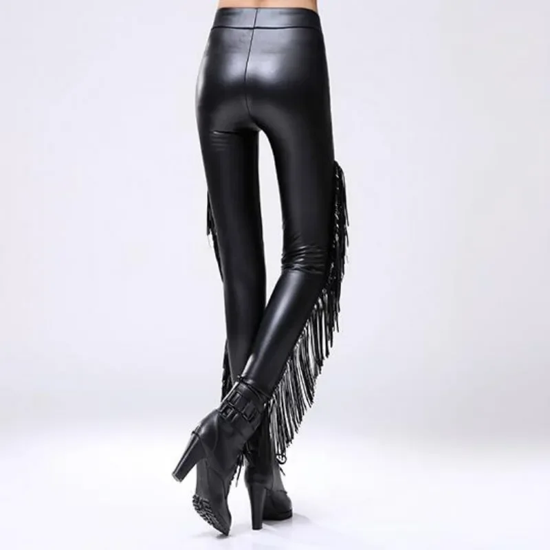 Sexy Damen Leggings Push Up Leggins Gothic Punk Hose PU Lederhose mit Fransen