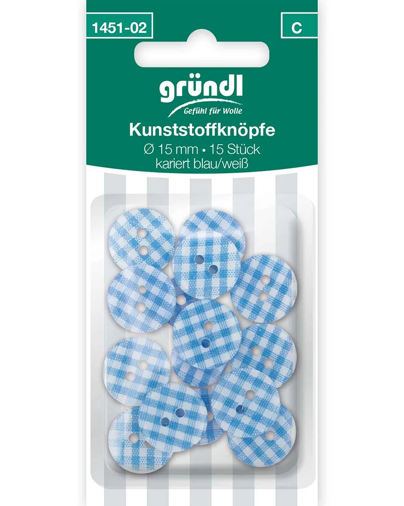 Kunststoffknöpfe, 15 Stück - blau weiss kariert