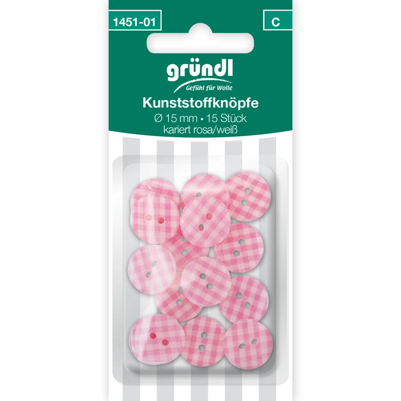 Kunststoffknöpfe, 15 Stück - rosa weiss kariert