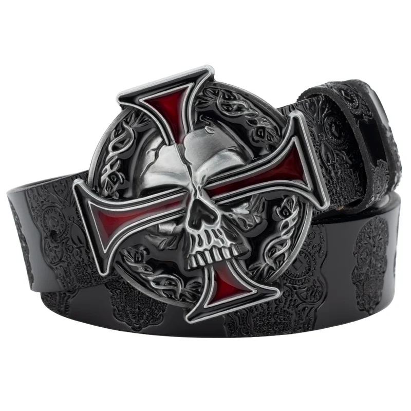 Skull Jeans-Gürtel Männer Totenkopf Schnalle Echt Leder Gürtel Schwarz Breit