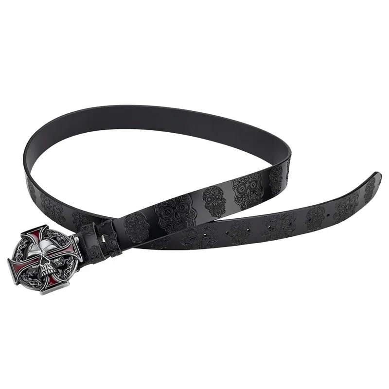 Skull Jeans-Gürtel Männer Totenkopf Schnalle Echt Leder Gürtel Schwarz Breit