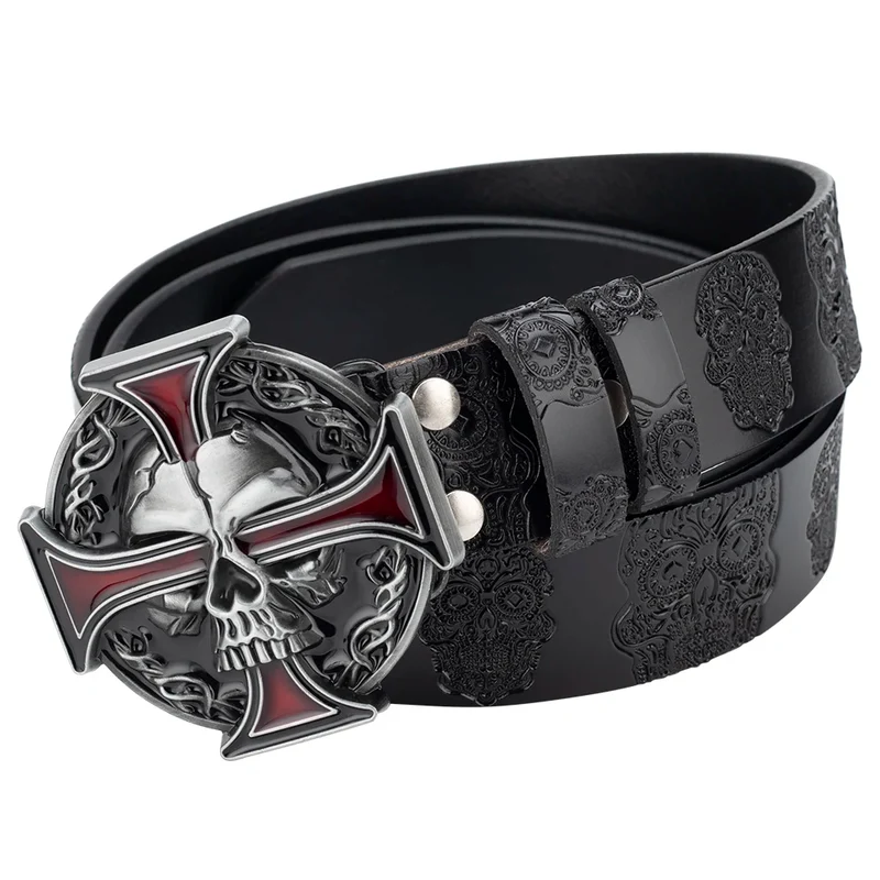 Skull Jeans-Gürtel Männer Totenkopf Schnalle Echt Leder Gürtel Schwarz Breit
