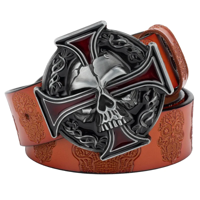 Skull Jeans-Gürtel Männer Totenkopf Schnalle Echt Leder Gürtel Schwarz Breit