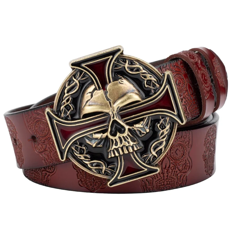 Skull Jeans-Gürtel Männer Totenkopf Schnalle Echt Leder Gürtel Schwarz Breit
