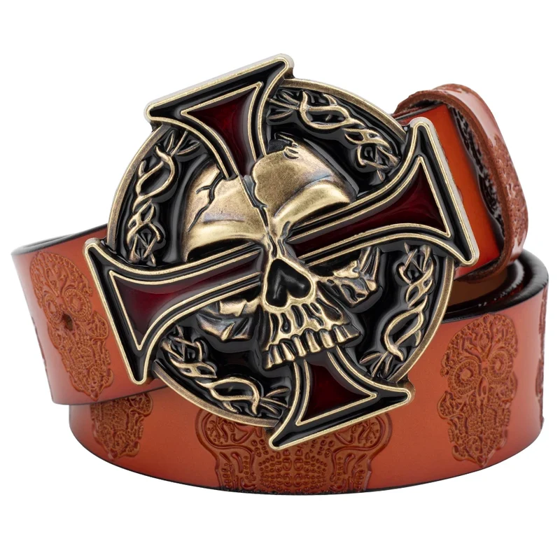 Skull Jeans-Gürtel Männer Totenkopf Schnalle Echt Leder Gürtel Schwarz Breit