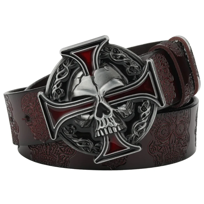 Skull Jeans-Gürtel Männer Totenkopf Schnalle Echt Leder Gürtel Schwarz Breit