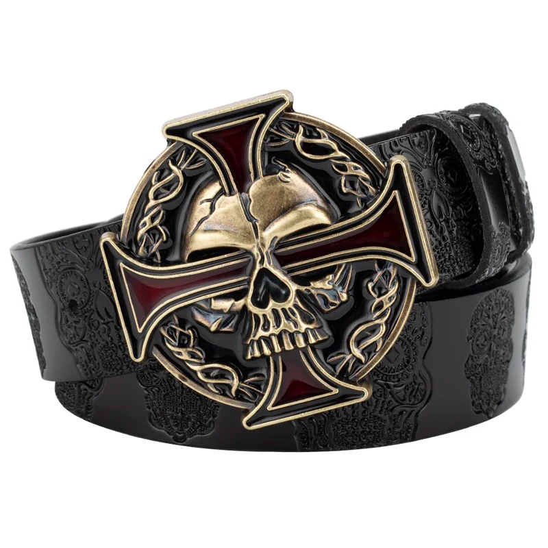 Skull Jeans-Gürtel Männer Totenkopf Schnalle Echt Leder Gürtel Schwarz Breit