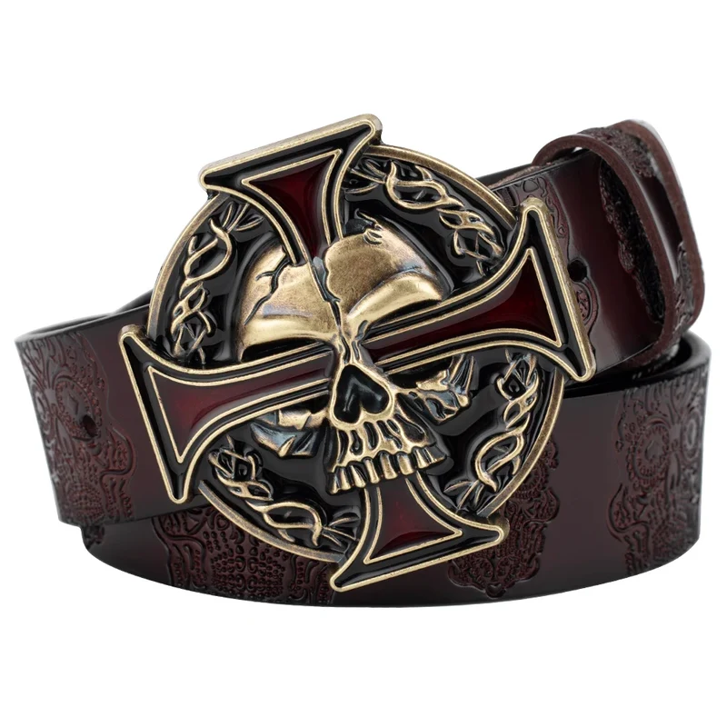Skull Jeans-Gürtel Männer Totenkopf Schnalle Echt Leder Gürtel Schwarz Breit