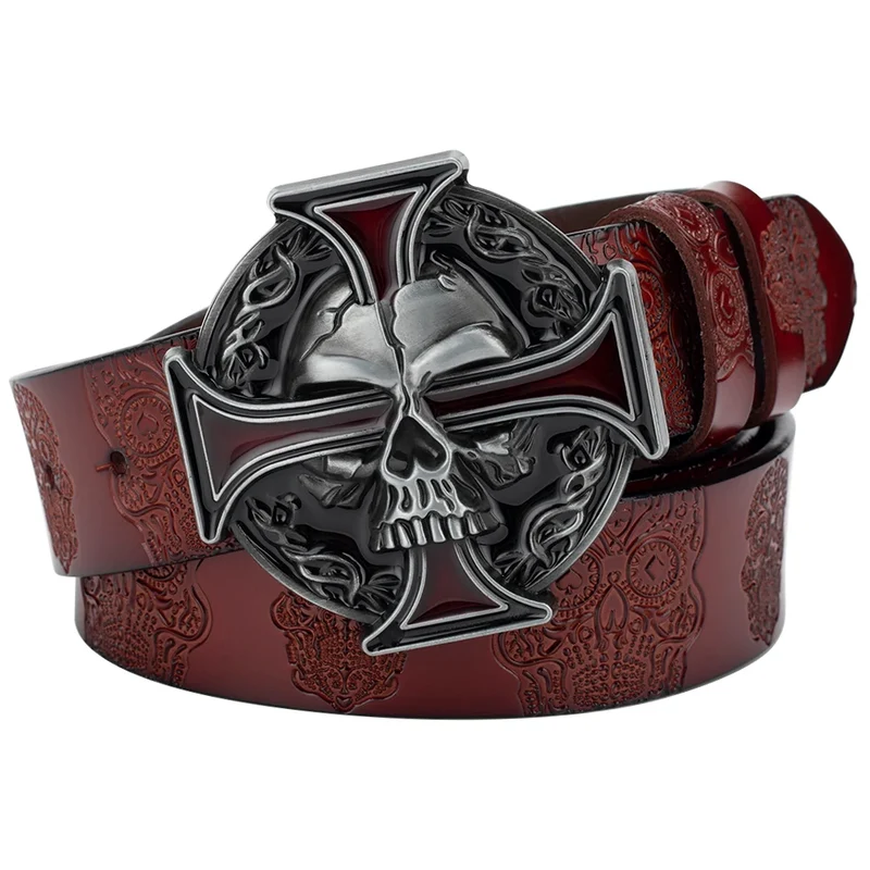 Skull Jeans-Gürtel Männer Totenkopf Schnalle Echt Leder Gürtel Schwarz Breit