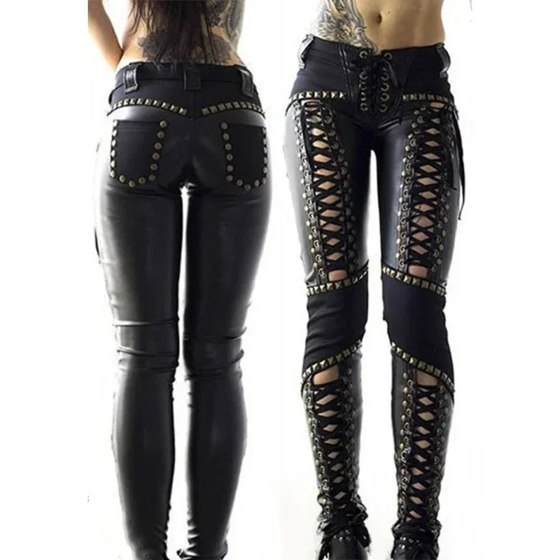Sexy Damen Leggings Push Up Leggins Gothic Punk Hose PU Lederhose Reißverschluss