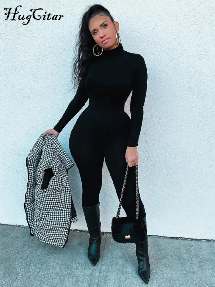 Damen Overall Strampler Stretch Leggings Langarm Rollkragen Bodycon Top
