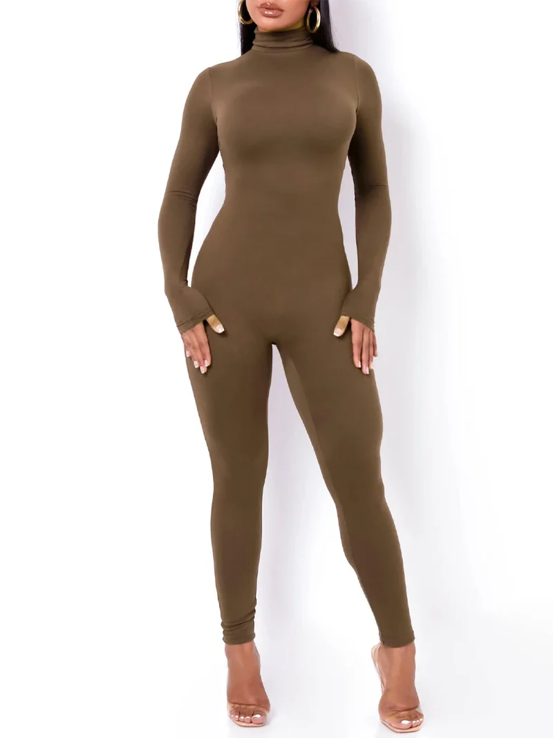 Damen Overall Strampler Stretch Leggings Langarm Rollkragen Bodycon Top