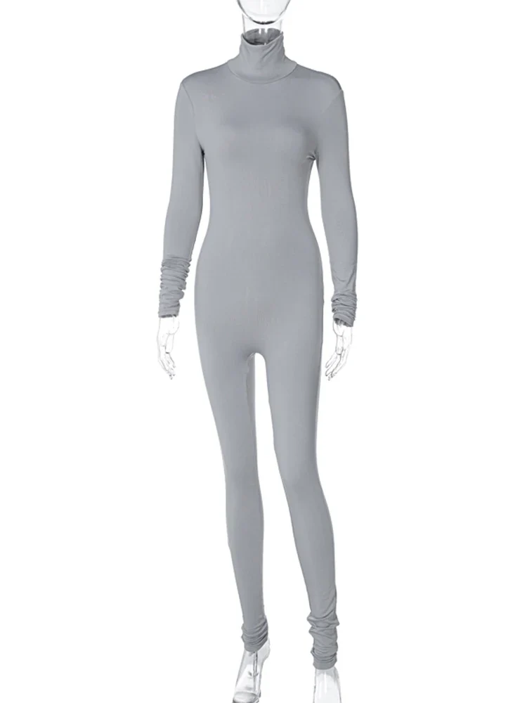 Damen Overall Strampler Stretch Leggings Langarm Rollkragen Bodycon Top
