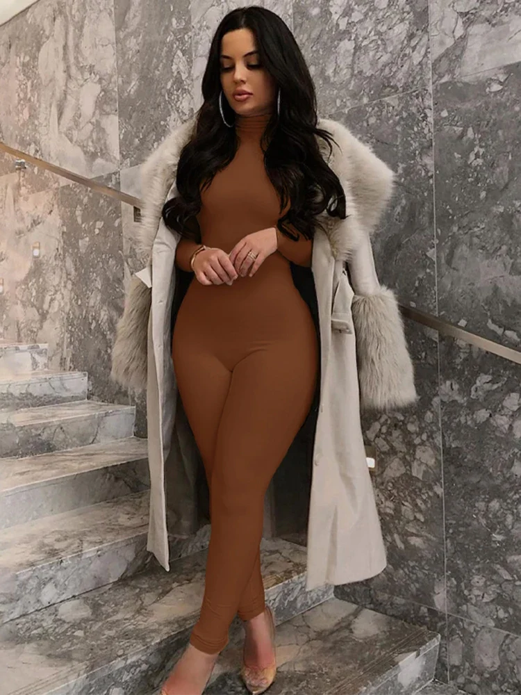 Damen Overall Strampler Stretch Leggings Langarm Rollkragen Bodycon Top