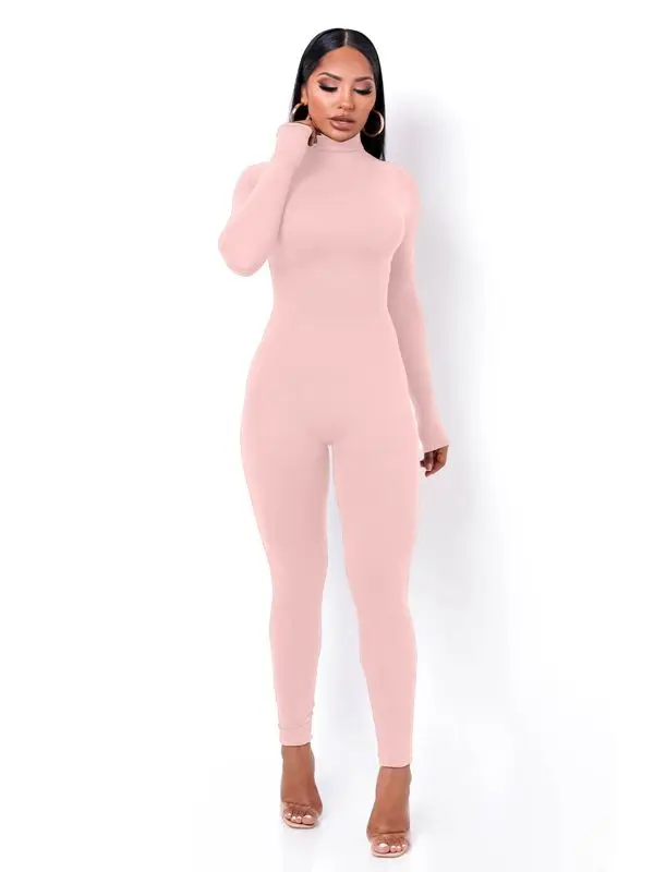 Damen Overall Strampler Stretch Leggings Langarm Rollkragen Bodycon Top