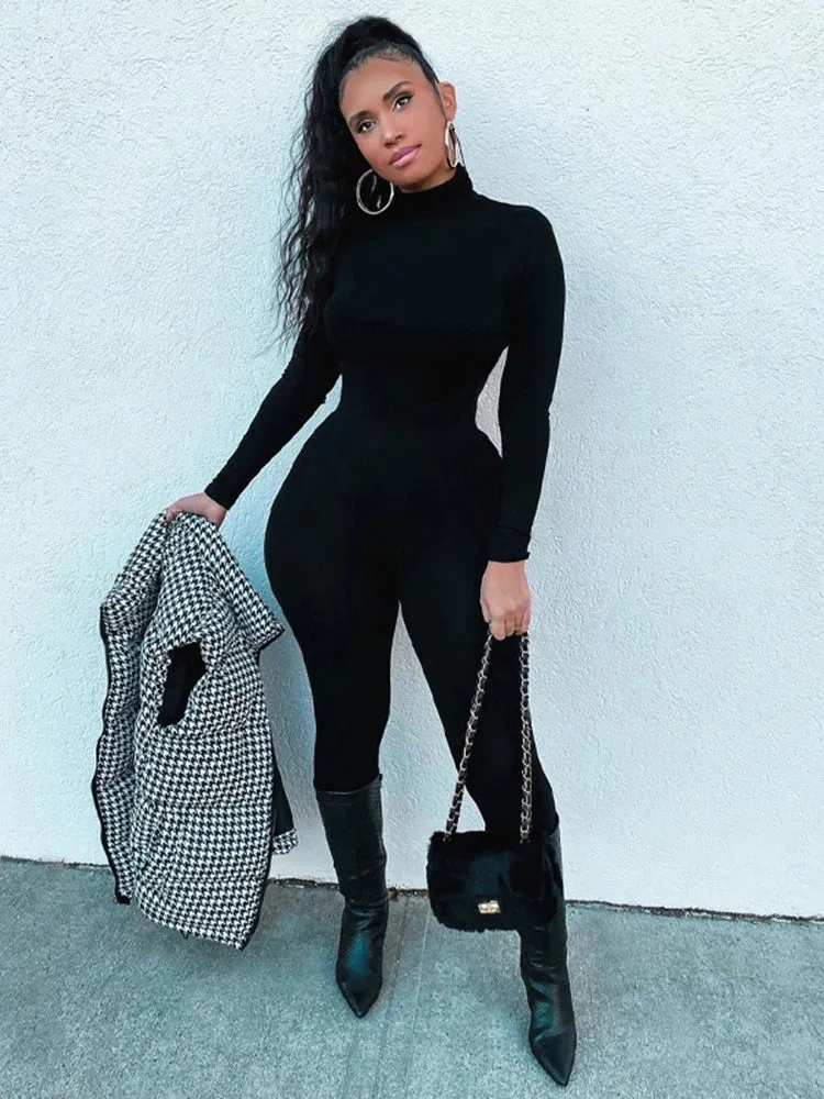 Damen Overall Strampler Stretch Leggings Langarm Rollkragen Bodycon Top