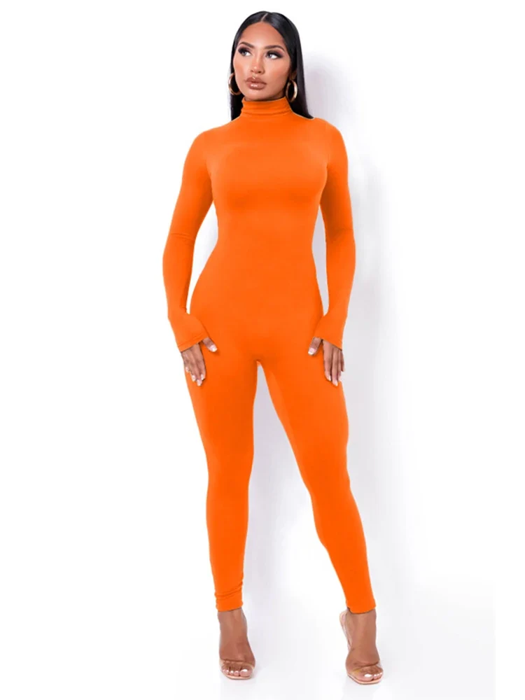 Damen Overall Strampler Stretch Leggings Langarm Rollkragen Bodycon Top