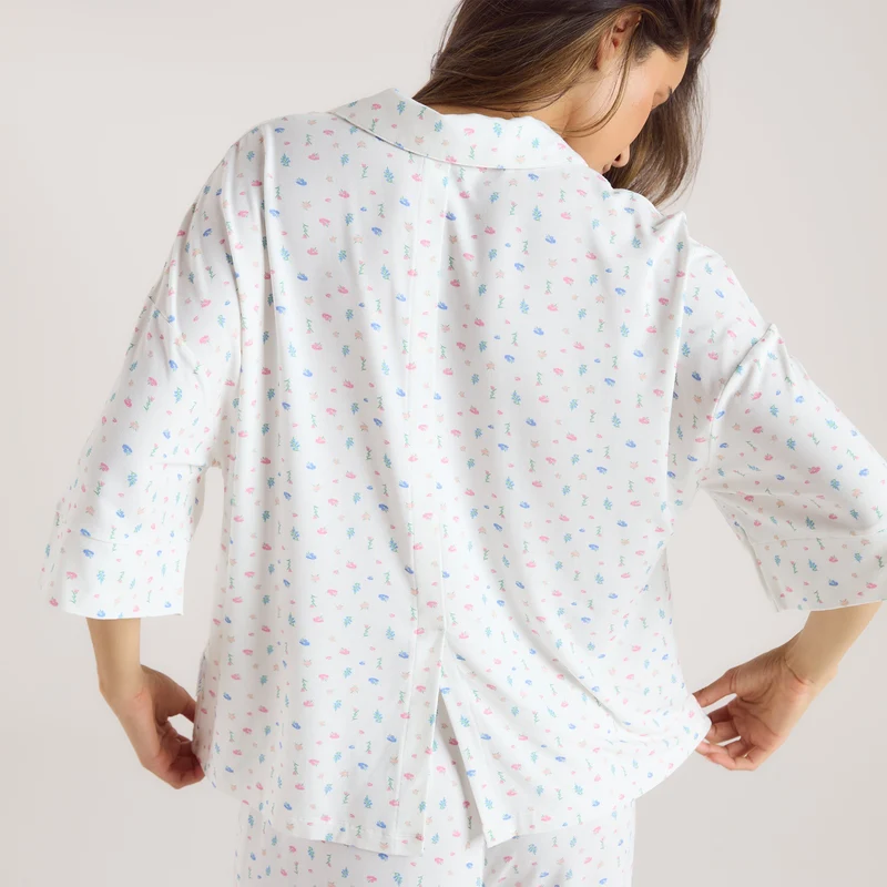Modal Pyjama-Shirt mit kurzen Ärmeln - Florales Weiß