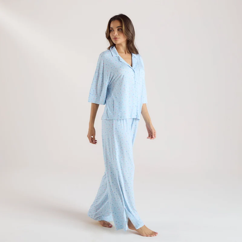 Modal Pyjama-Shirt mit kurzen Ärmeln - Florales Blau