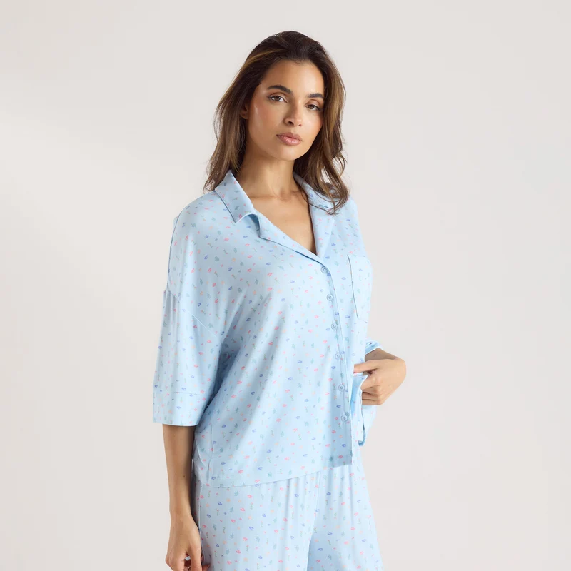 Modal Pyjama-Shirt mit kurzen Ärmeln - Florales Blau