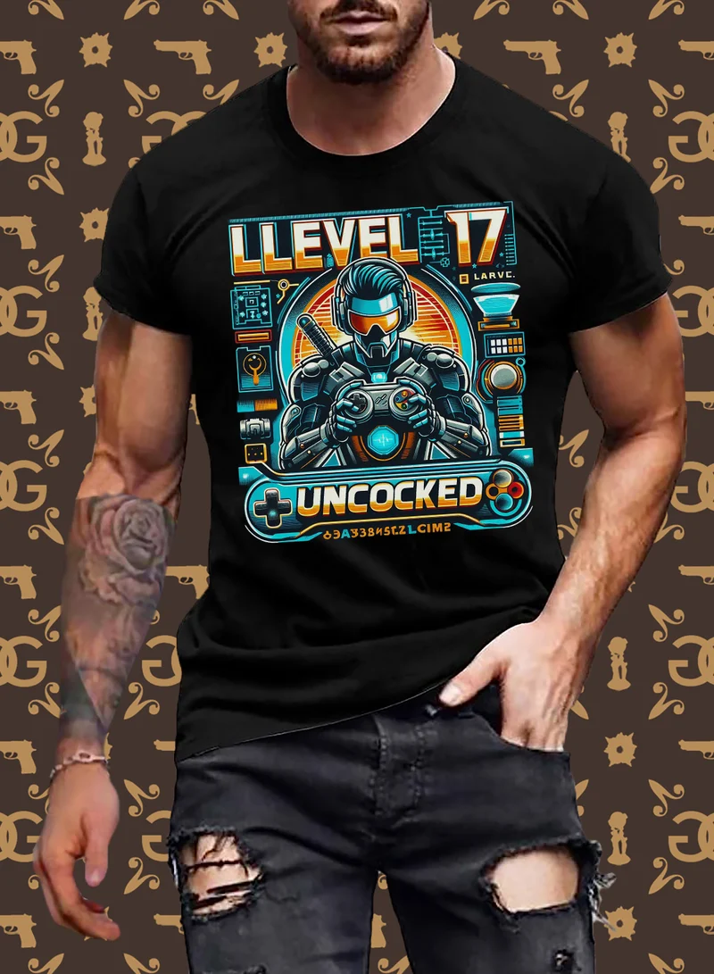 Gamer T-Shirt Top Level 17 Unlocked Fashion Herren Streetwear 100% Baumwolle