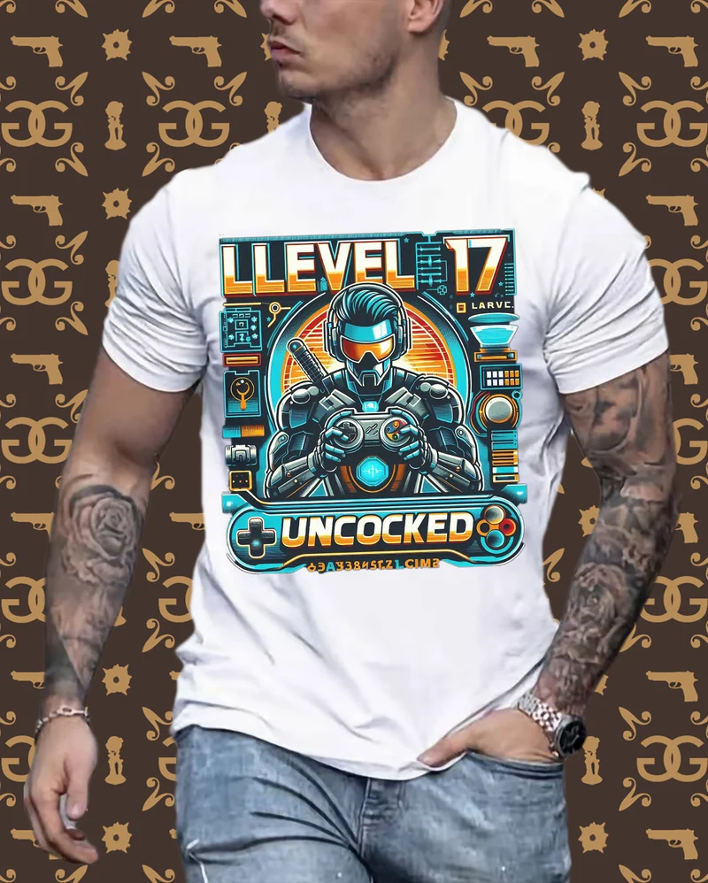 Gamer T-Shirt Top Level 17 Unlocked Fashion Herren Streetwear 100% Baumwolle