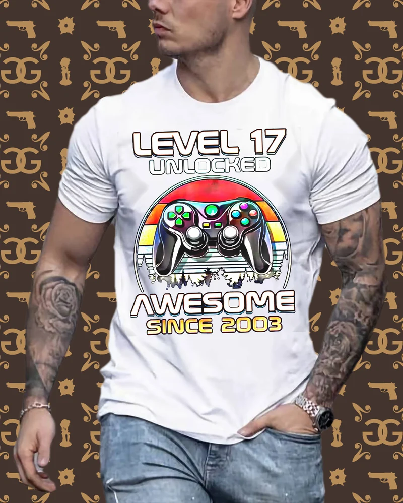 Gamer T-Shirt Top Level 17 Unlocked Fashion Herren Streetwear 100% Baumwolle