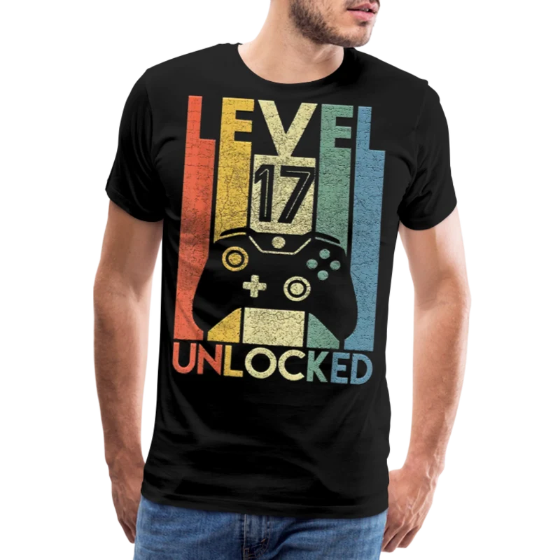 Gamer T-Shirt Top Level 17 Unlocked Fashion Herren Streetwear 100% Baumwolle