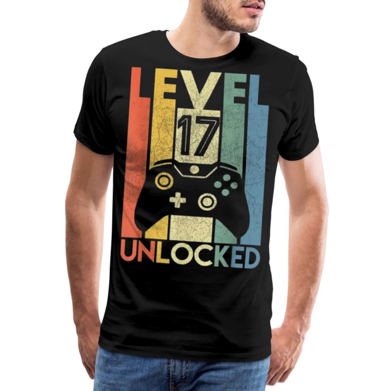 Gamer T-Shirt Top Level 17 Unlocked Fashion Herren Streetwear 100% Baumwolle