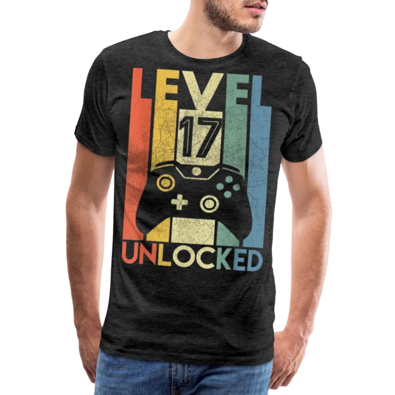 Gamer T-Shirt Top Level 17 Unlocked Fashion Herren Streetwear 100% Baumwolle